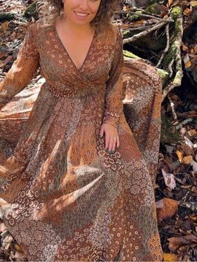 Women’s Brown Paisley Long Sleeve Wrap Maxi Dress